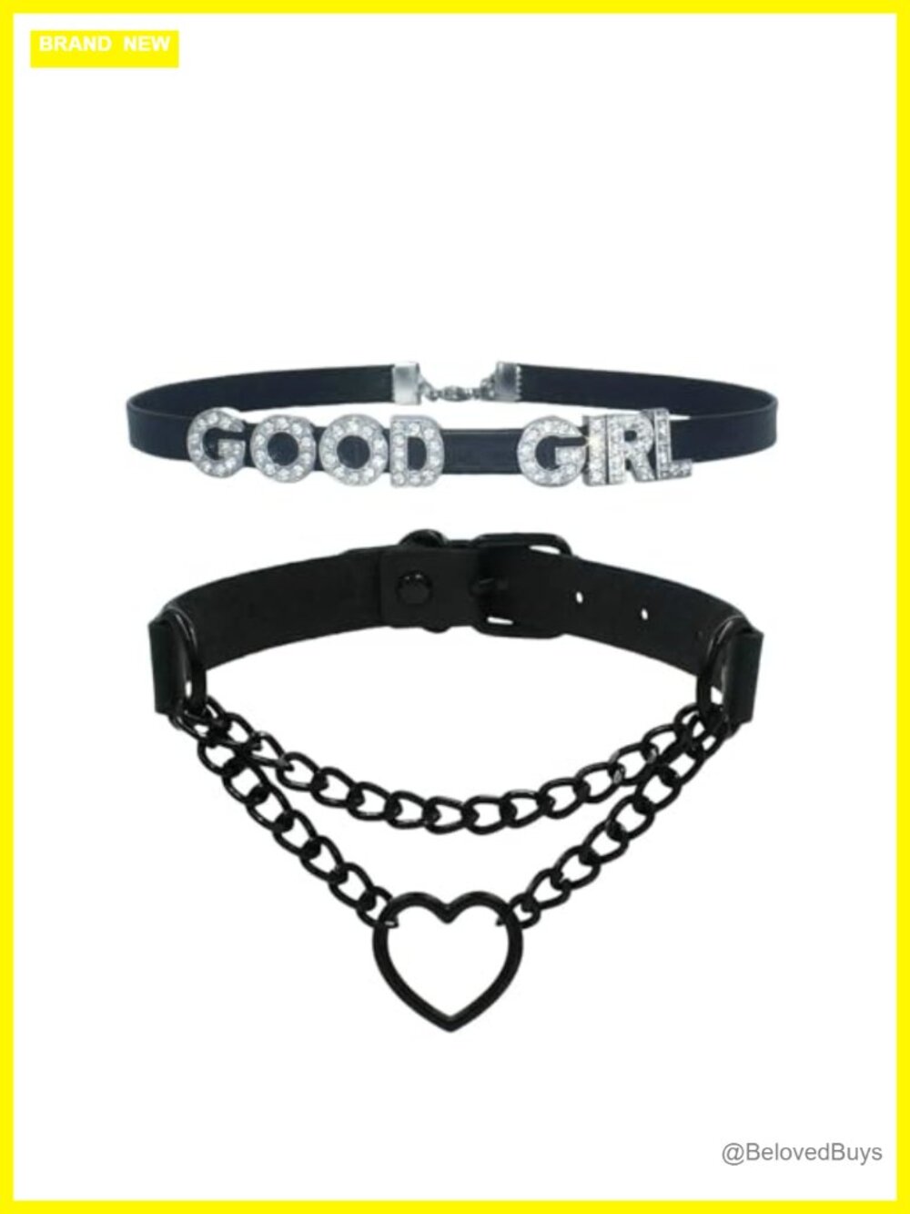 2PC Goth Heart Chain Choker Necklace Set For Women - PU Leather & Rhinestone